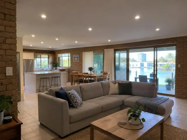 Living and dining room with recessed ceiling downlights and tiled floors in Broadbeach Waters