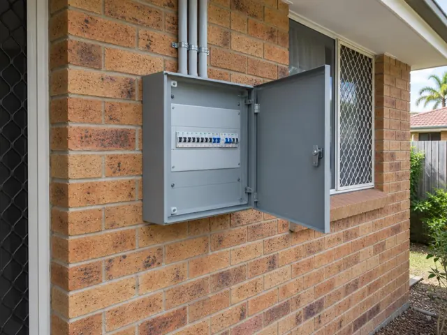 Open exterior switchboard on a brick house wall near a window in Carrara